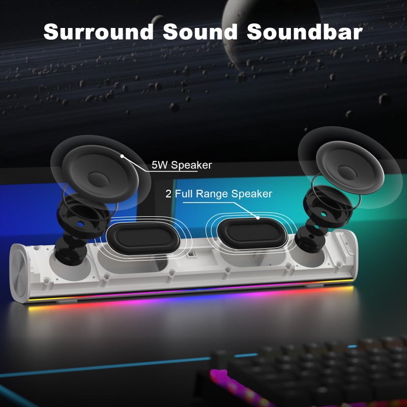 SOULION R100 Bluetooth Computer Speakers with Dynamic LED Light, USB Plug & Play PC Speakers with Switch Button, Clearly Sound Soundbar for Desktop Laptop Monitor White (USB-C to USB Adapter Included) - Image 5