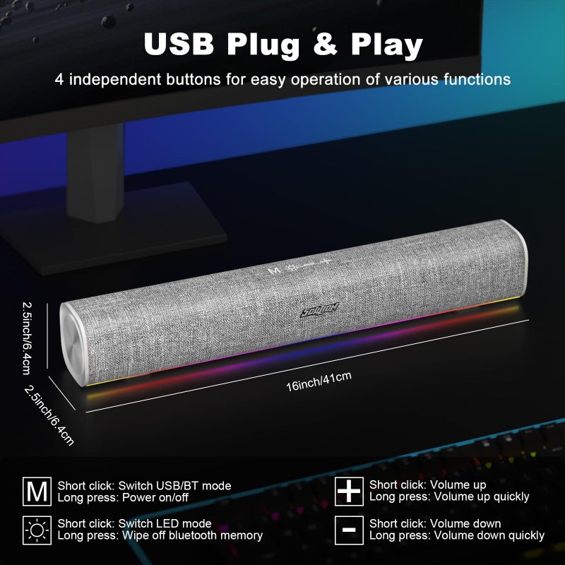 SOULION R100 Bluetooth Computer Speakers with Dynamic LED Light, USB Plug & Play PC Speakers with Switch Button, Clearly Sound Soundbar for Desktop Laptop Monitor White (USB-C to USB Adapter Included) - Image 4