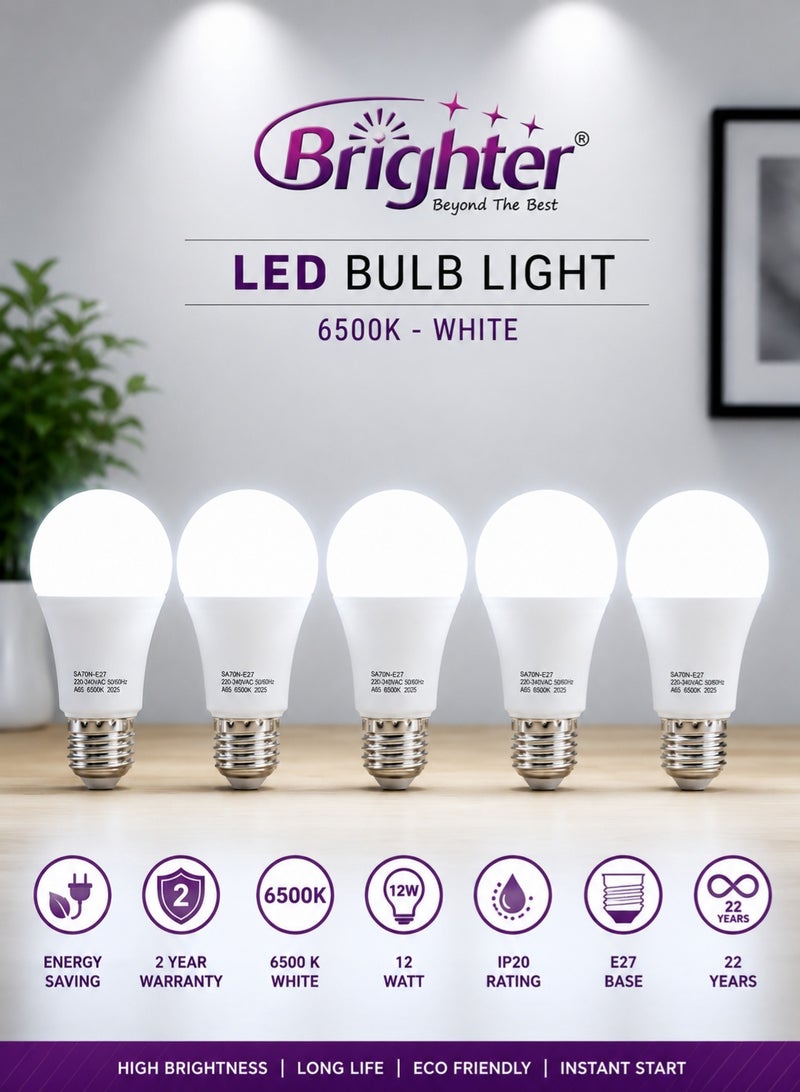 LED Light Bulbs 12W (60W Equivalent) E27 Screw Base, 6500K Cool Daylight White, IP20 Energy Saving LED Lamp, High Brightness, Long Life, 2-Year Warranty, Pack of 5 - Image 1