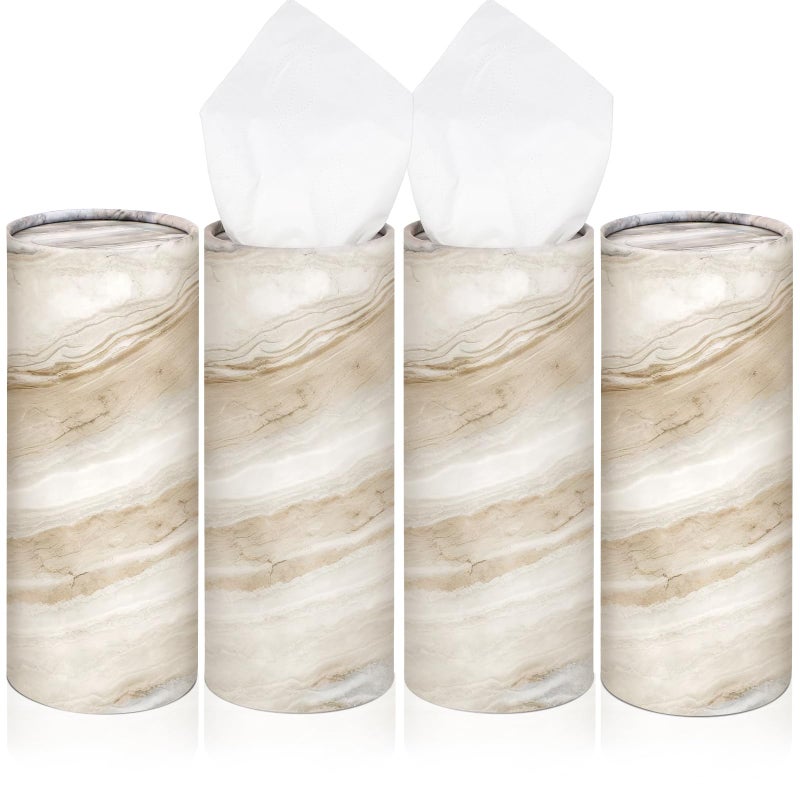 Geyoga 4 Pack Car Tissue Holder Marble Print Car Tissues Cylinder Round Paper Boxes with 50 Facial Paper Towel Per Box for Brown Refill Round Container for Home Office Travel GiftBrown