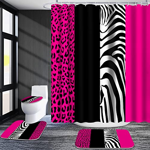 Poedist 4 Pcs Bathroom Shower Curtain Set,Rosy Leopard Print Shower Curtain Bright Style Shower Curtain Sets with Rugs(Bath Mat,U Shape and Toilet Lid Cover Mat) and 12 Hooks - Image 5