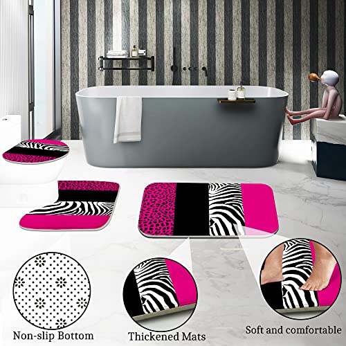 Poedist 4 Pcs Bathroom Shower Curtain Set,Rosy Leopard Print Shower Curtain Bright Style Shower Curtain Sets with Rugs(Bath Mat,U Shape and Toilet Lid Cover Mat) and 12 Hooks - Image 3