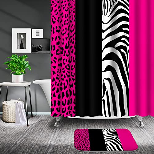 Poedist 4 Pcs Bathroom Shower Curtain Set,Rosy Leopard Print Shower Curtain Bright Style Shower Curtain Sets with Rugs(Bath Mat,U Shape and Toilet Lid Cover Mat) and 12 Hooks - Image 2