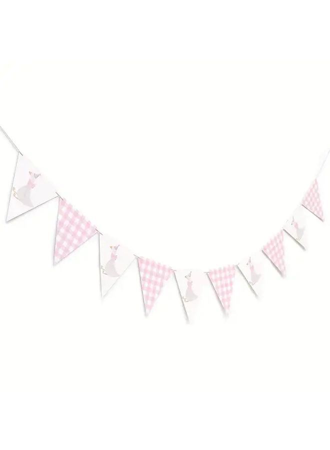 Pink Silly Goose First Birthday Party Banner Paper Decor With Gingham Flags - Image 2
