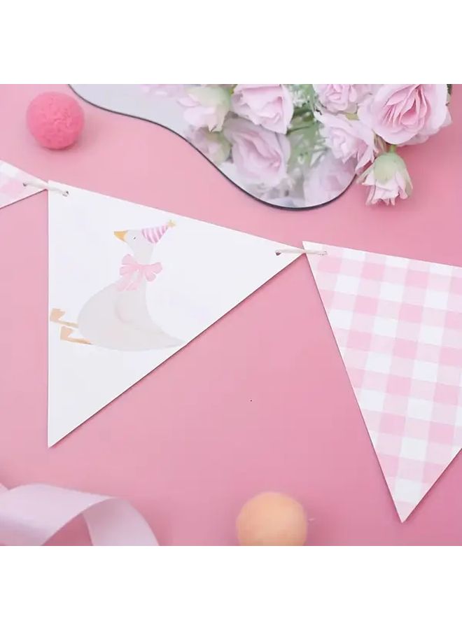 Pink Silly Goose First Birthday Party Banner Paper Decor With Gingham Flags - Image 4