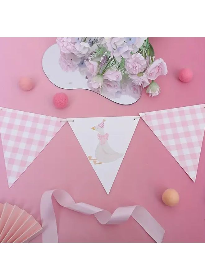 Pink Silly Goose First Birthday Party Banner Paper Decor With Gingham Flags - Image 5