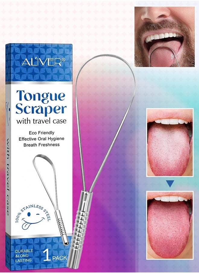 ALIVER 1pack Tongue Scraper Stainless Steel Tongue Cleaners with Travel Box Tongue Cleaner Tool for Oral Hygiene Fresh Breath Reduce Bad Breath Reusable Tongue Scrapers for Adults Silver  - Image 1