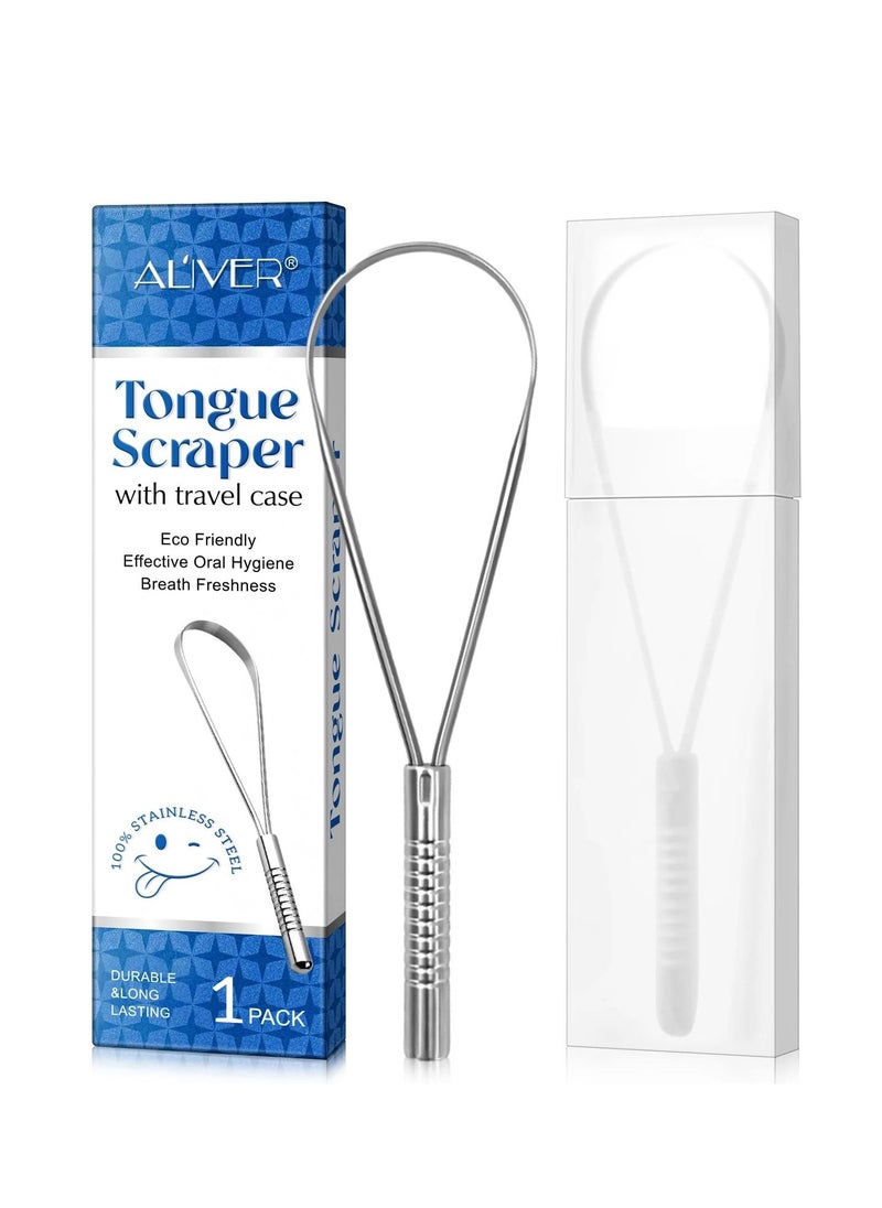 ALIVER 1pack Tongue Scraper Stainless Steel Tongue Cleaners with Travel Box Tongue Cleaner Tool for Oral Hygiene Fresh Breath Reduce Bad Breath Reusable Tongue Scrapers for Adults Silver  - Image 2