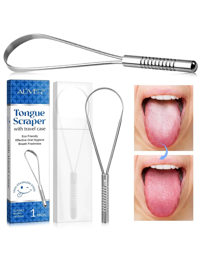 ALIVER 1pack Tongue Scraper Stainless Steel Tongue Cleaners with Travel Box Tongue Cleaner Tool for Oral Hygiene Fresh Breath Reduce Bad Breath Reusable Tongue Scrapers for Adults Silver  - Image 3