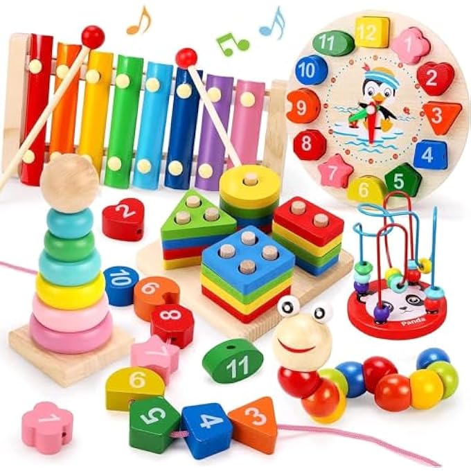 TODDLERS MONTESSORI WOODEN TOYS FOR BOYS GIRLS AGE 2-4 YEAR OLD,6 IN 1 BABY TOY LEARNING MUSICAL SETS,SHAPE SORTING TOYS GIFTS FOR KIDS 3-6,WOODEN PRESCHOOL LEARNING FINE MOTOR SKILLS GAME - Image 1
