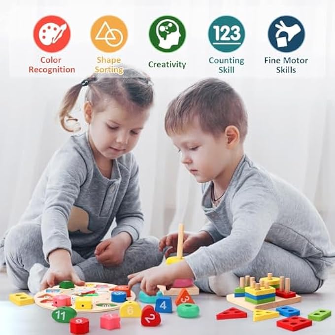 TODDLERS MONTESSORI WOODEN TOYS FOR BOYS GIRLS AGE 2-4 YEAR OLD,6 IN 1 BABY TOY LEARNING MUSICAL SETS,SHAPE SORTING TOYS GIFTS FOR KIDS 3-6,WOODEN PRESCHOOL LEARNING FINE MOTOR SKILLS GAME - Image 3