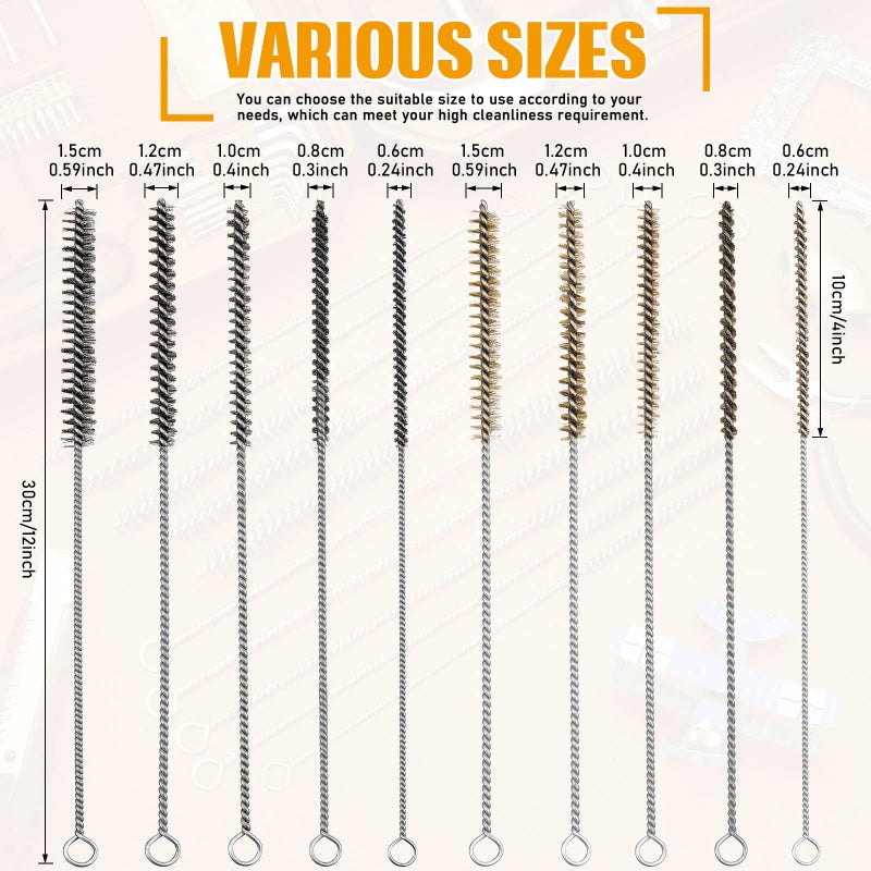 Perthlin Wire Tube Brushes for Cleaning Pipe Tube Brass Stainless Steel Round Wire Brush for Auto Parts, Bottles, Tubes, 5 Sizes(10 Pieces) - Image 2