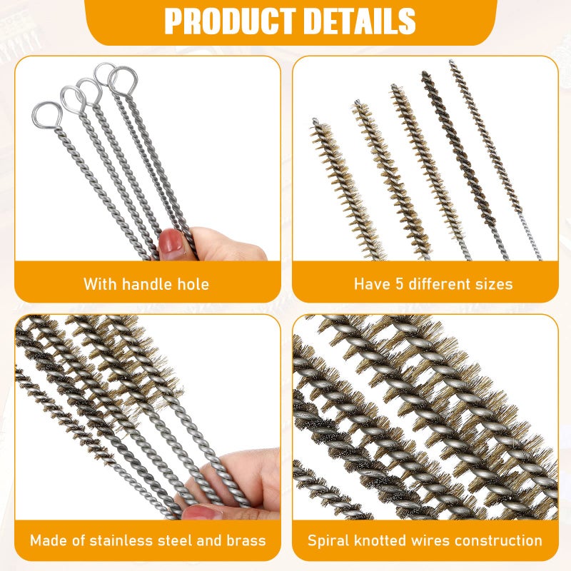 Perthlin Wire Tube Brushes for Cleaning Pipe Tube Brass Stainless Steel Round Wire Brush for Auto Parts, Bottles, Tubes, 5 Sizes(10 Pieces) - Image 3