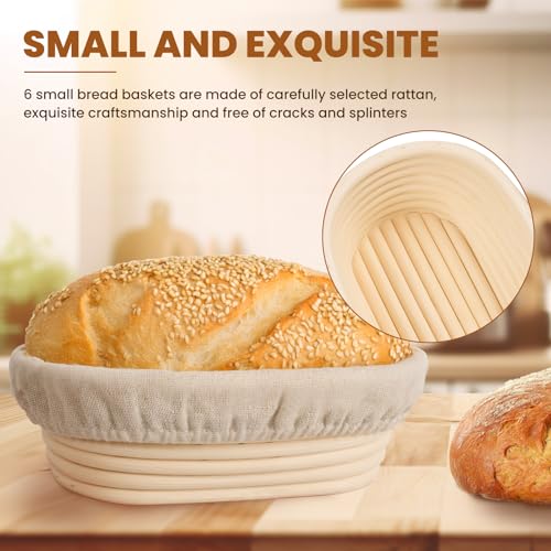Kikcoin 6 Inch Oval Banneton Bread Proofing Basket Set of 6, Kikcoin Mini Sourdough Bread Baking Supplies, Small Banneton Basket Proofing Baskets for Sourdough Bread Baking - Image 3