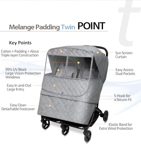 Manito Melange Padded Weather Shield for TwinDouble Strollers Insulated WaterRepellent Thermal Protection for Rain Snow Wind Cold Fall Winter Black Grey - Image 3
