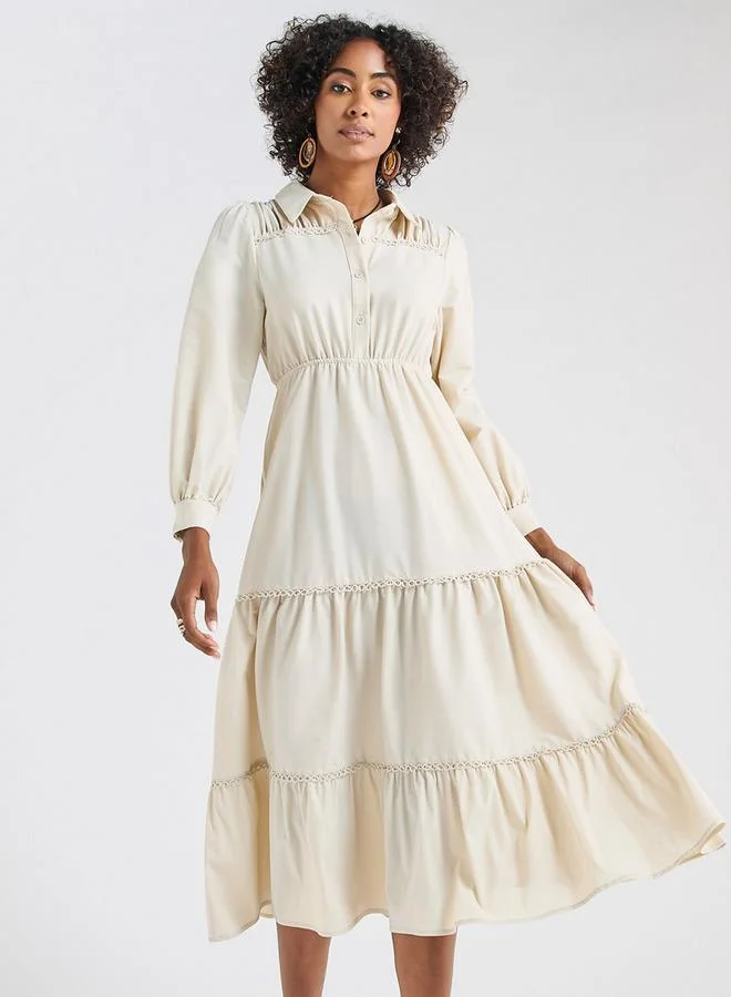 Splash FAV Solid Tiered Midi Dress with Puff Sleeves and Collar