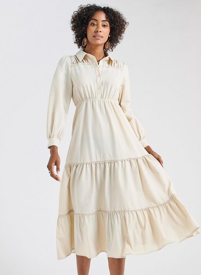 Splash FAV Solid Tiered Midi Dress with Puff Sleeves and Collar - Image 1