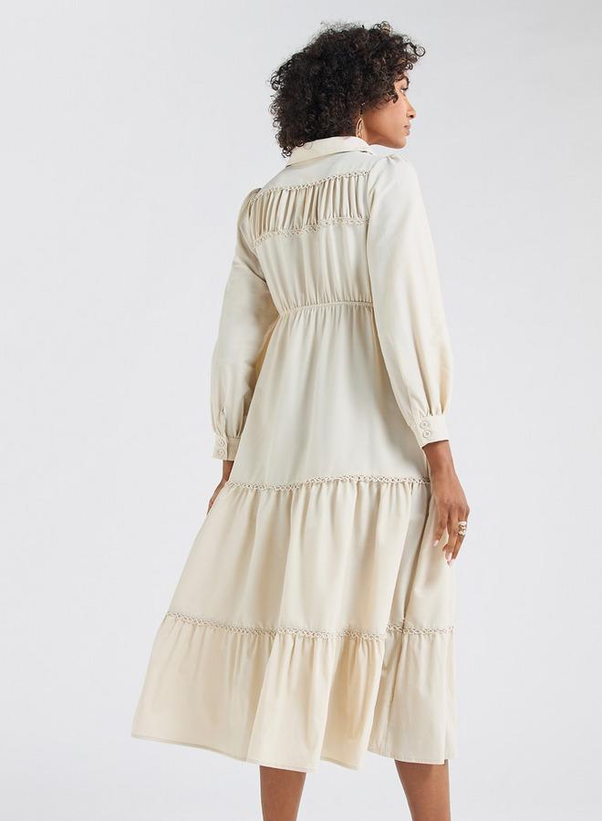 Splash FAV Solid Tiered Midi Dress with Puff Sleeves and Collar - Image 3
