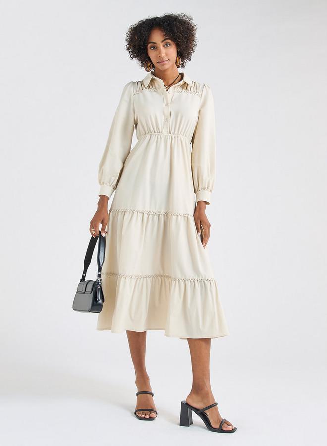 Splash FAV Solid Tiered Midi Dress with Puff Sleeves and Collar - Image 2