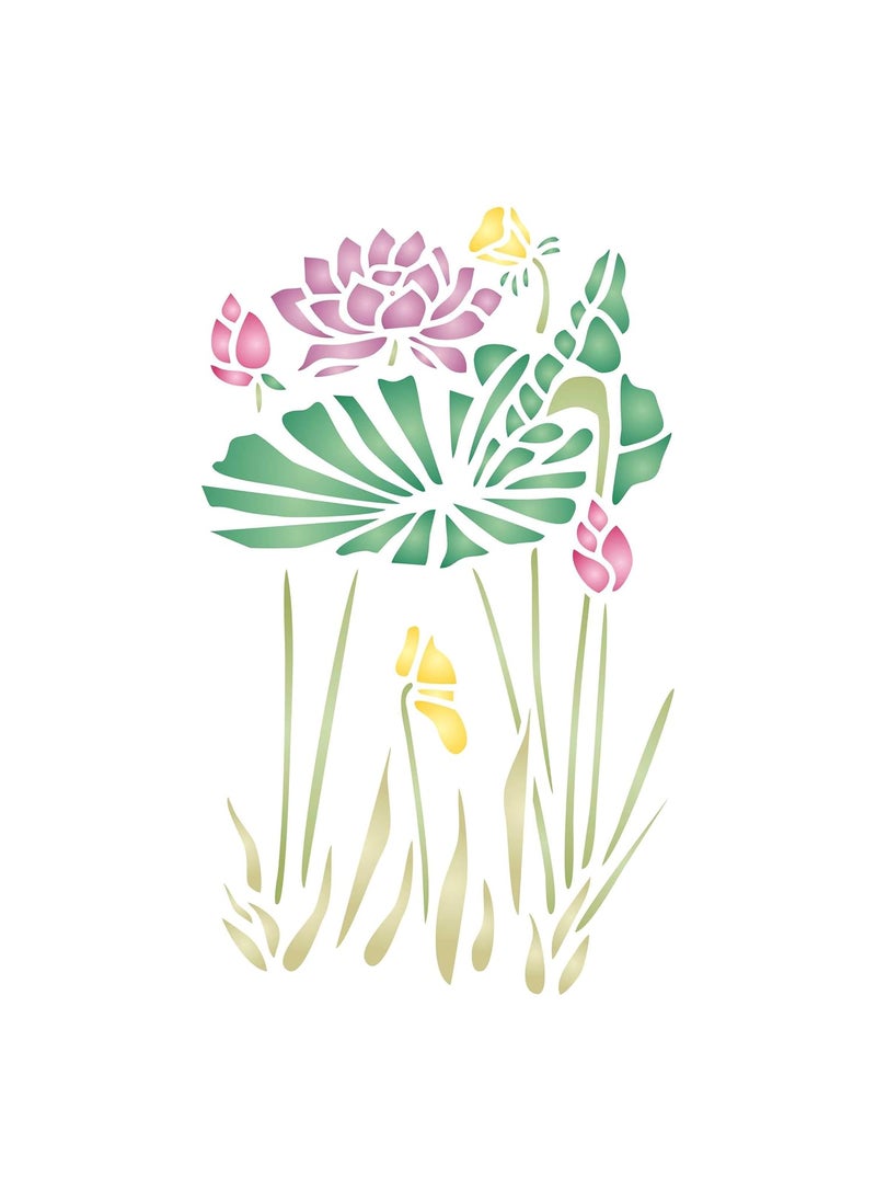 Usnyabni Water Plants Stencil, 3 x 5 inch (S) - Asian Oriental Chinese Japanese Waterlily Leaves Stencils by CRAFT KREATIVELY  - Image 1