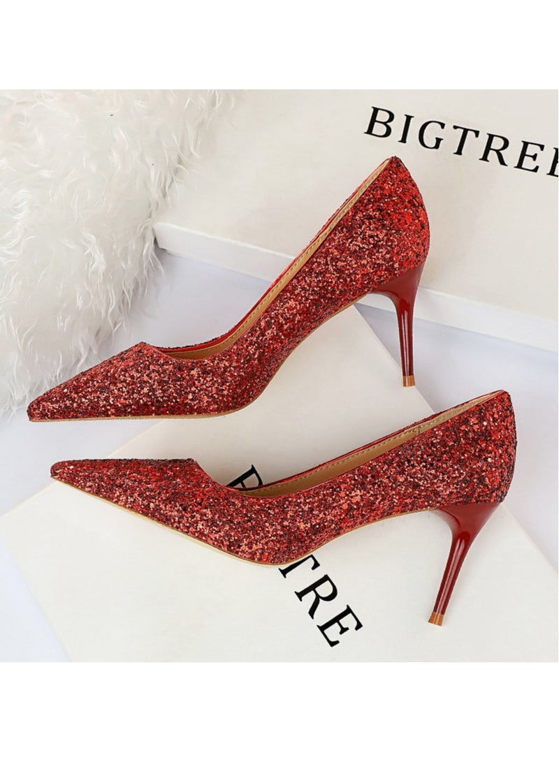 BIGTREE 7.5 سم كعب رفيع لامع للنساء بتصميم أوروبي، أحمر - Image 1
