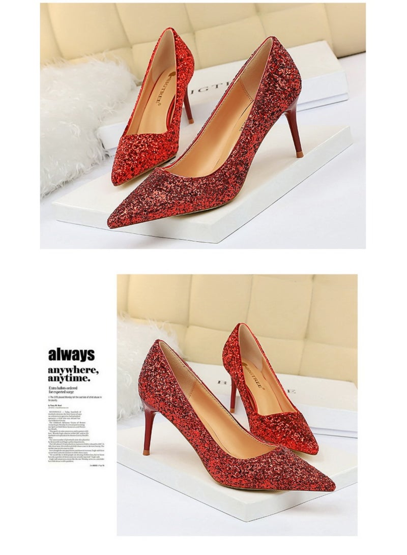 BIGTREE 7.5 سم كعب رفيع لامع للنساء بتصميم أوروبي، أحمر - Image 2