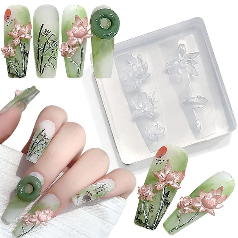 Dornail 3D Lotus Flower Nail Design Nail Art Silicone Molds,Lotus Carving Template Nail Art Mold Resin Molds Classic Floral Lotus Leaf Nail Decor Nail Stencils Silicone Mold Nail Supplies Nail Accessories 