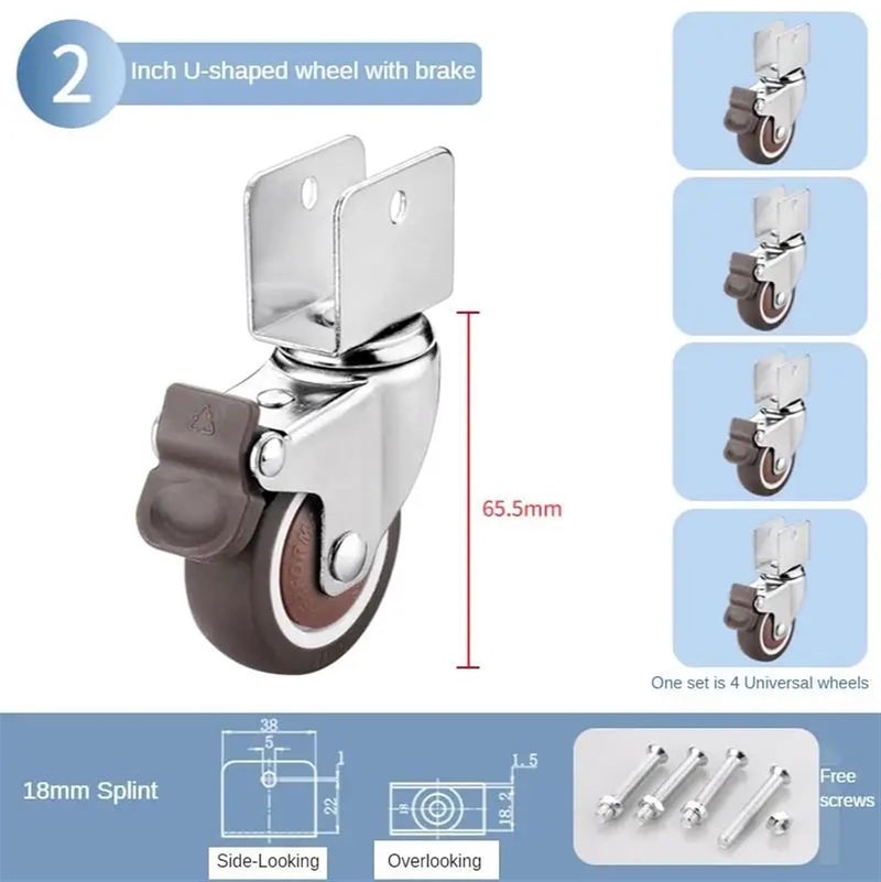 2 بوصة عجلات صامتة على شكل حرف U 4 قطع إكسسوارات دوارة للأثاث من المطاط الناعم 18 مم ج - Image 3