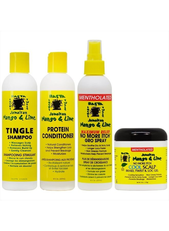 Jamaican Mango & Lime مجموعة العناية بفروة الرأس المبردة 4 قطع (شامبو، بلسم، رذاذ تخفيف أقصى 8 أونصات، جل لف الشعر وتجديل الشعر)