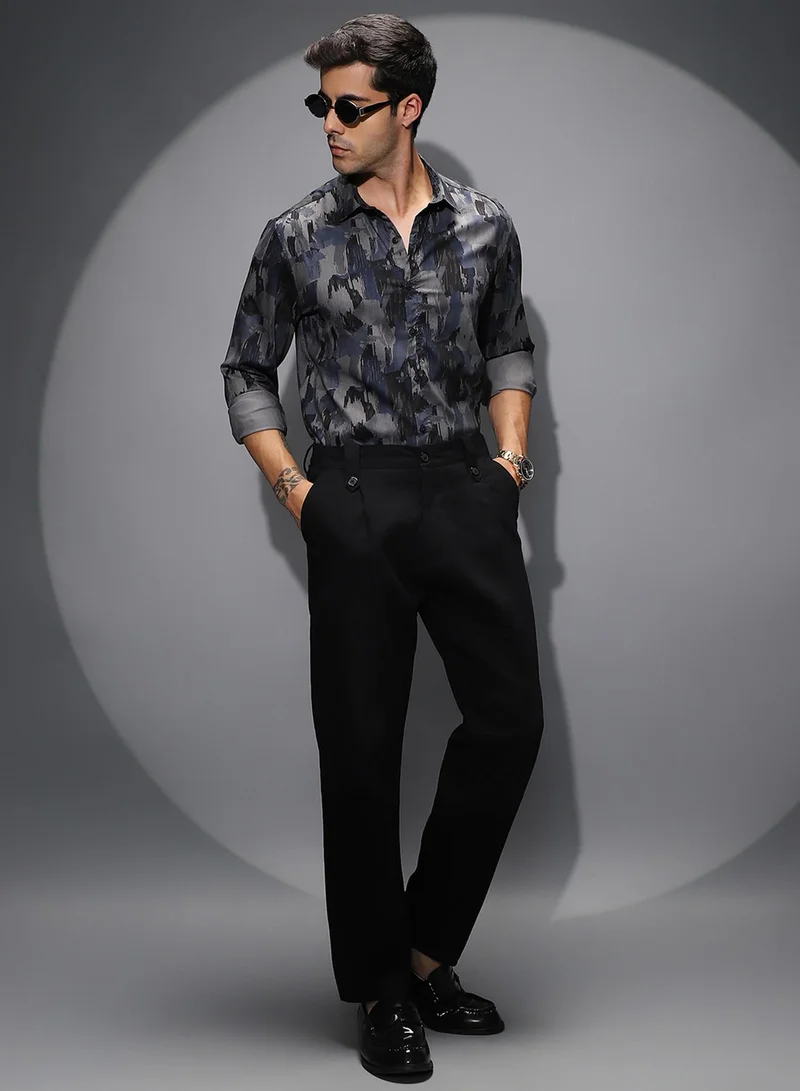 Campus Sutra Campus Sutra Men's Indigo Blue & Moon Grey Fray-Stroke Imprint Shirt For Casual Wear | Spread Collar | Long Cuffed Sleeves | Button Closure | Shirt Shirt Crafted With Comfort Fit For Everyday Wear