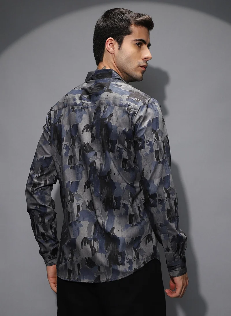 Campus Sutra Campus Sutra Men's Indigo Blue & Moon Grey Fray-Stroke Imprint Shirt For Casual Wear | Spread Collar | Long Cuffed Sleeves | Button Closure | Shirt Shirt Crafted With Comfort Fit For Everyday Wear