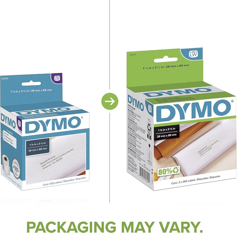 Dymo LW Mailing Address Labels for LabelWriter Label Printers, White, 1-1/8'' x 3-1/2'', 2 Rolls of 260 - Image 2