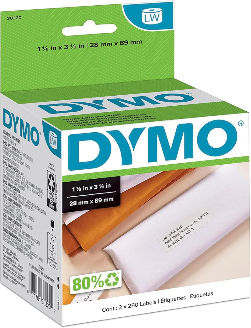Dymo LW Mailing Address Labels for LabelWriter Label Printers, White, 1-1/8'' x 3-1/2'', 2 Rolls of 260 - Image 1