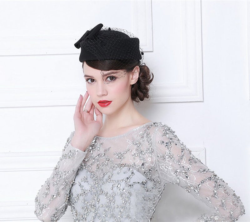 Aniwon Pillbox Hat, Wedding Hat Caps with Veil Vintage Bow Fascinator Hats Caps for Women A Black - Image 3