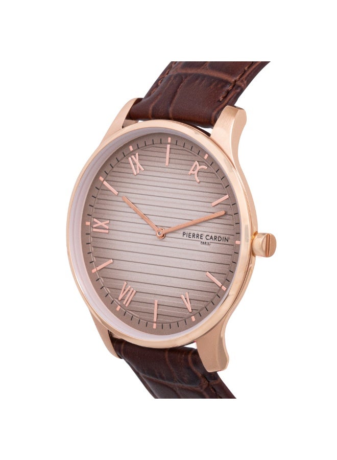 PIERRE CARDIN CBA.4021 ELEGANT ROSE GOLD MEN'S WATCH - LUXURY BEIGE DIAL & BROWN LEATHER BAND - Image 2