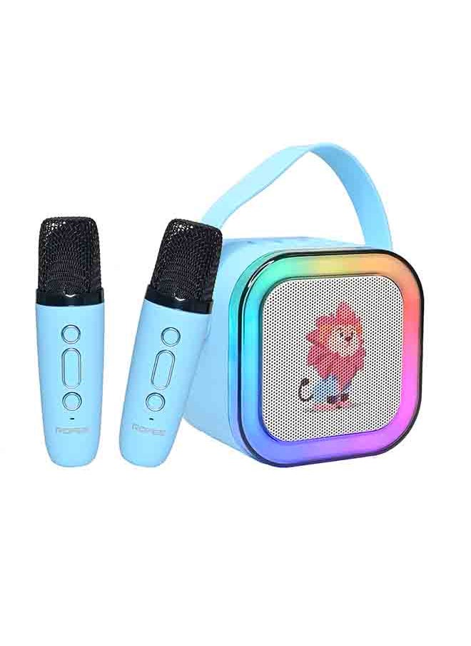 Rofee - Mini Cartoon Bluetooth Speaker with 2 Wireless Microphones & LED Lights-Blue - Image 1