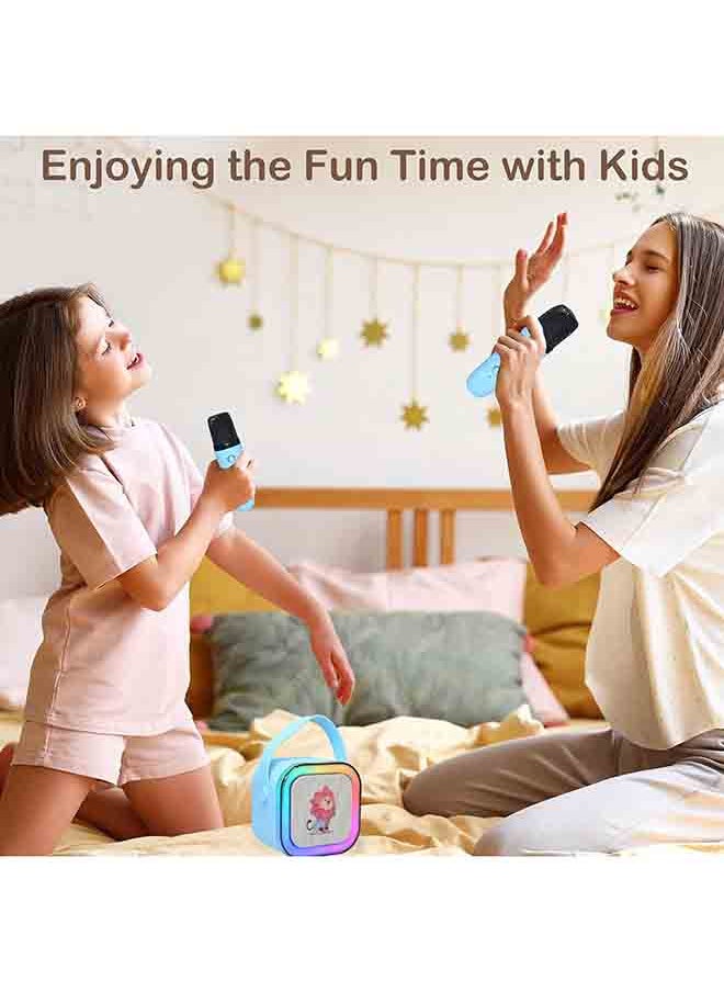 Rofee - Mini Cartoon Bluetooth Speaker with 2 Wireless Microphones & LED Lights-Blue - Image 1