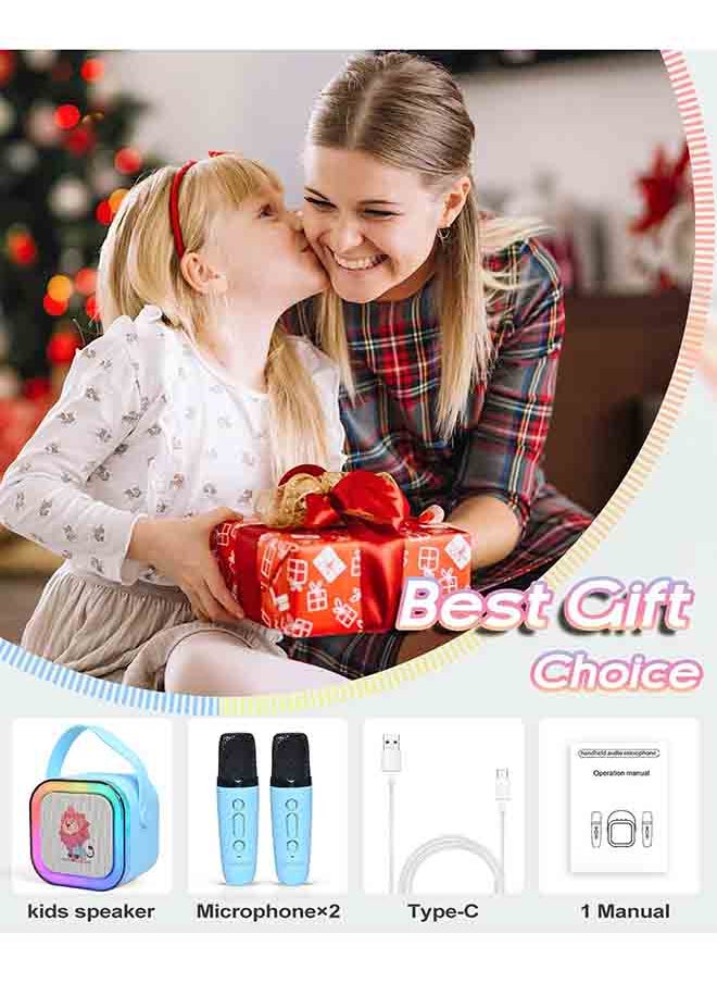 Rofee - Mini Cartoon Bluetooth Speaker with 2 Wireless Microphones & LED Lights-Blue - Image 1