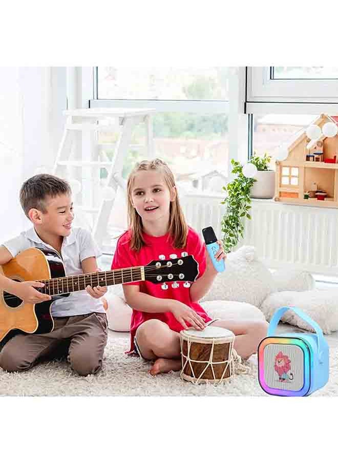 Rofee - Mini Cartoon Bluetooth Speaker with 2 Wireless Microphones & LED Lights-Blue - Image 1