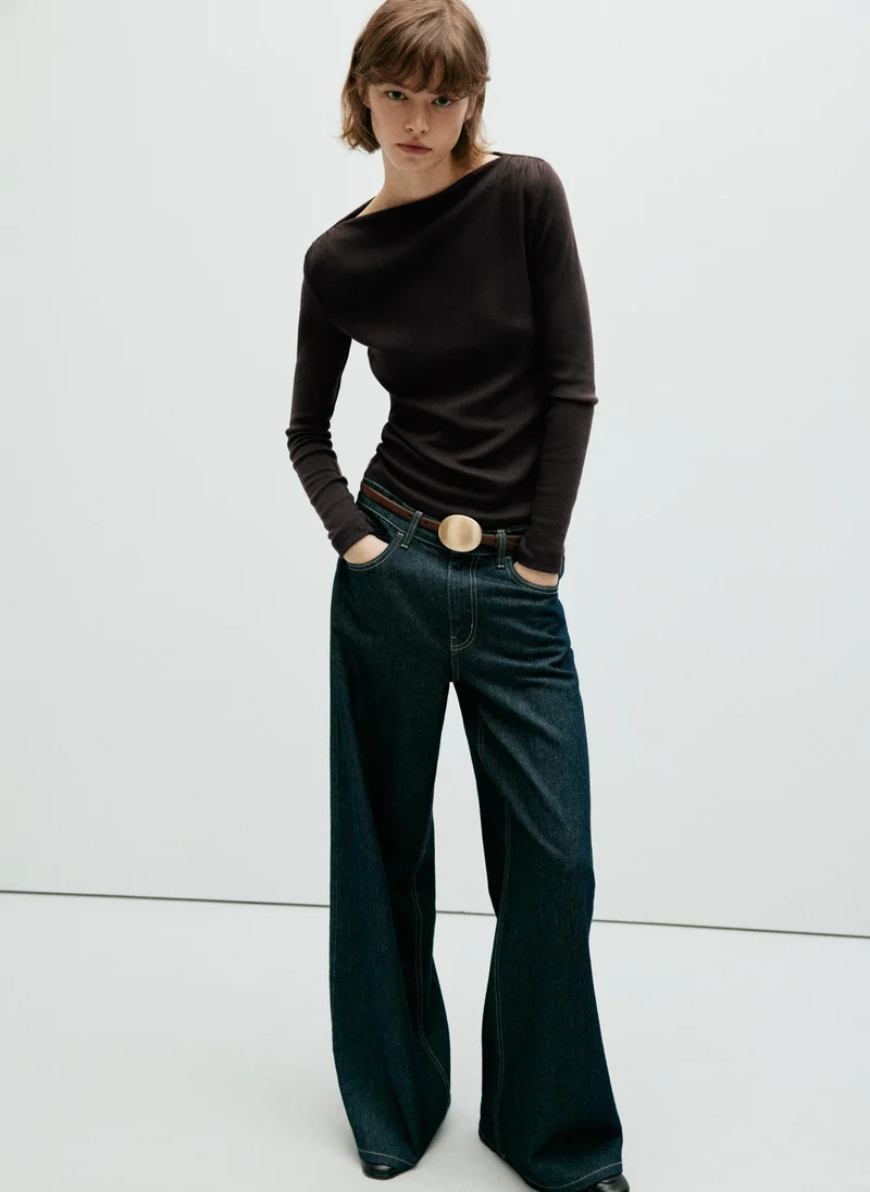 Mango 32-CHOCOLATE Long-Sleeved Boat-Neck T-Shirt for Women | Best Price UAE