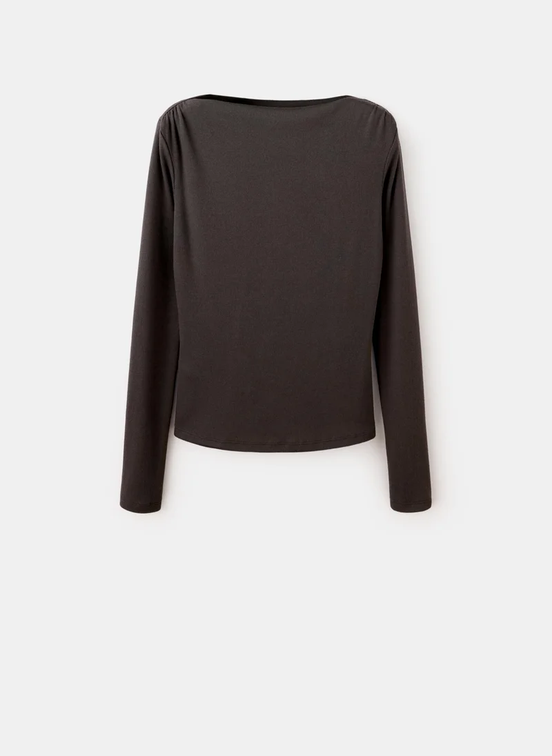 Mango 32-CHOCOLATE Long-Sleeved Boat-Neck T-Shirt for Women | Best Price UAE