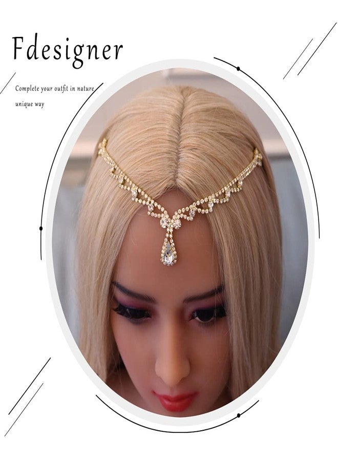 Fdesigner Bride Crystal Head Chain Wedding Rhinestone Headband Pageant Prom Pendant Headpieces Party Festival Hair Accessories for Women(Gold) - Image 3