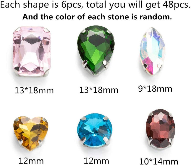 Choupee Sew On Rhinestones, Choupee 48PCS Mixed Shapes Flatback Sew On Glass Rhinestone Sewing Claw Rhinestone for Craft, Clothes, Garments, Dress, Earring, Belt and Shoes (Mixed, Silver Claw) - Image 3