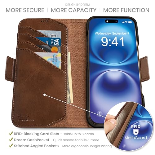 Dreem for iPhone 16 Pro Max Case Wallet, Revolutionary Phone Stand, Vegan Leather, MagSafe-Fit, Magnetic Detachable Flip Cover, RFID Blocking Card Holder, Gift-Box [Fibonacci:Chocolate] - Image 2