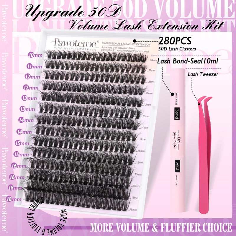 Pawotence Lash Extension Kit DIY Individual Lash Clusters Kit Full 50D with Lash Bond and Seal and Lash Applicator, 9-16mm Clusters Eyelash Extension Kit at Home (Full 50D, 9-16mm, Kit) - Image 2