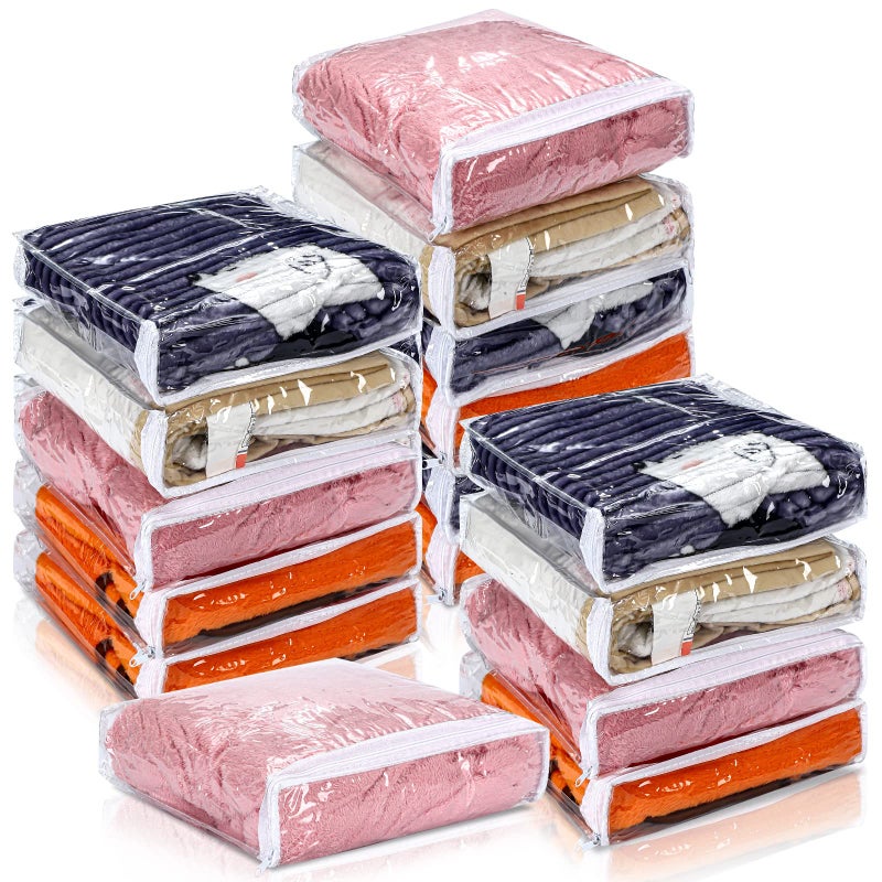 Kingdder 16 Pcs Clear Vinyl Zippered Sweater Storage Bags with Zipper Plastic Sheet Organizer and Storage for Clothing Blankets Sheet Linen Bed Pillow Cube Organizer10 x 10 x 25 Inch