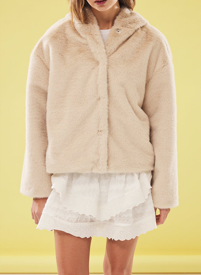 trendyol Ecru Oversize Hooded Fur Coat - Image 3