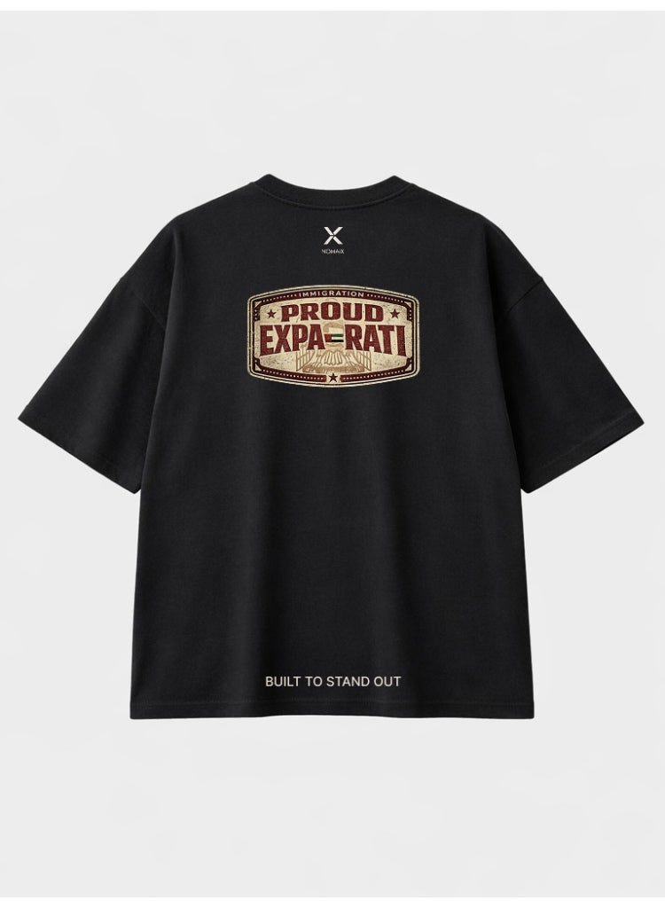 NOMAiX Proud Expa-Rati T-Shirt │ Vintage Stamp Graphic Tee │ Expat Identity Streetwear │ Oversized │ Made in UAE - Image 1