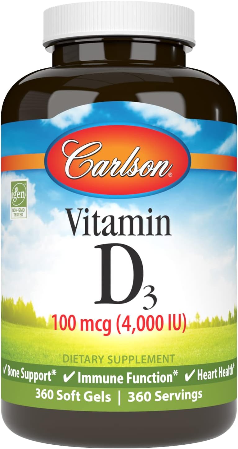 Carlson  Vitamin D3 4000 IU 100 mcg Immune Support Bone Health Muscle Health Cholecalciferol Vitamin D Supplements Vitamin D3 Soft Gels 360 Softgels - Image 1