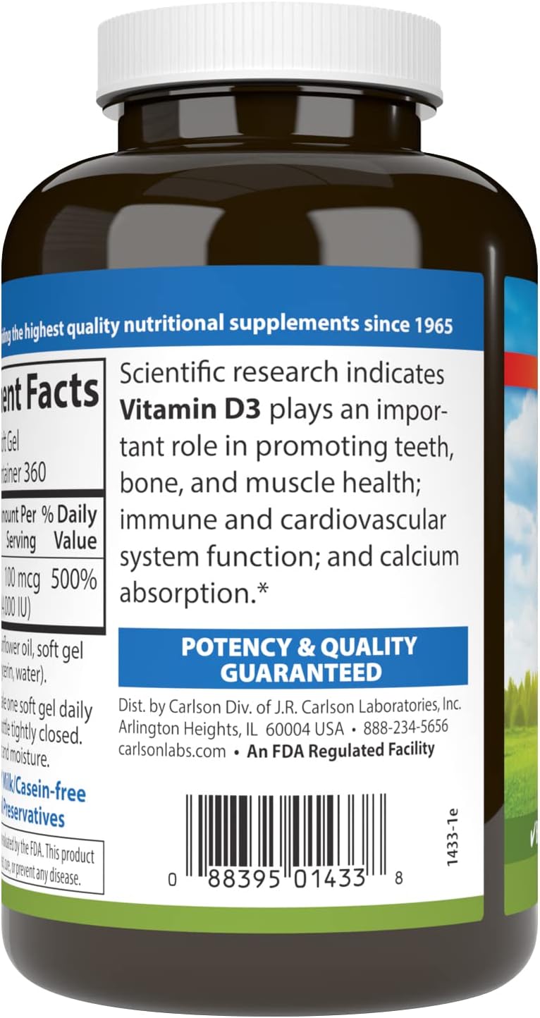 Carlson  Vitamin D3 4000 IU 100 mcg Immune Support Bone Health Muscle Health Cholecalciferol Vitamin D Supplements Vitamin D3 Soft Gels 360 Softgels - Image 3
